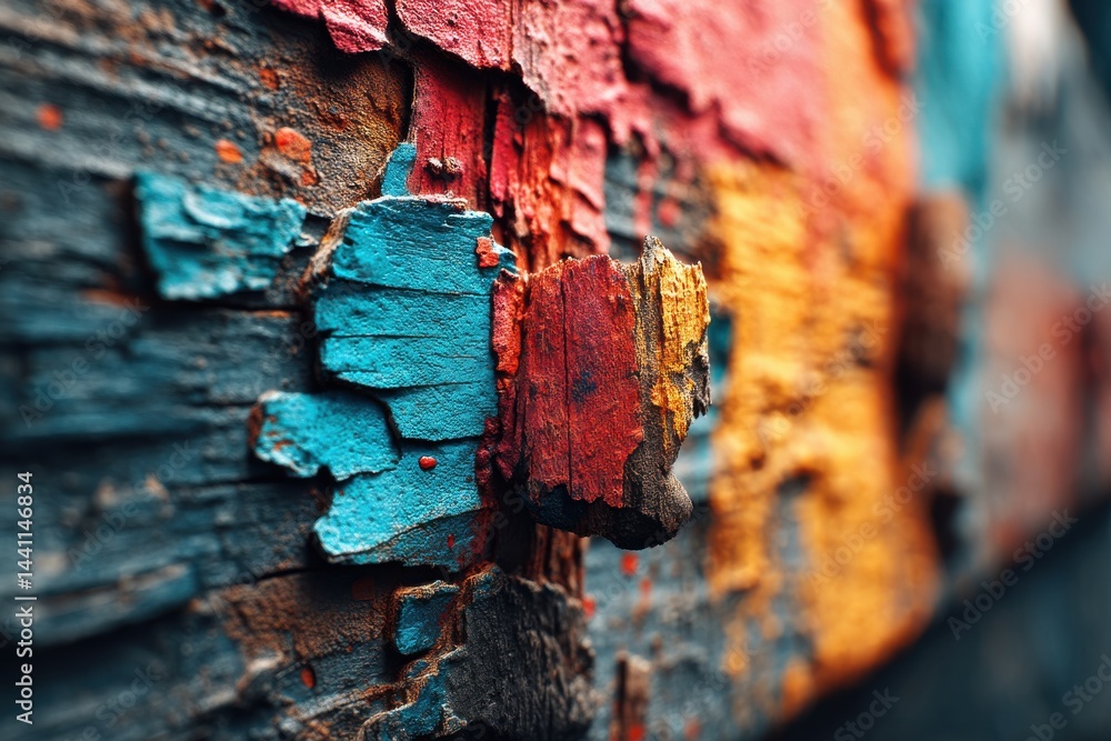 Poster macro shot of colorful peeling paint on weathered wood, showcasing texture and aged surface, creatin