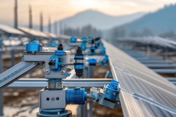 Close-up of a solar farm with detailed mechanical components and a mountain backdrop, highlighting sustainable energy infrastructure and technological innovation.