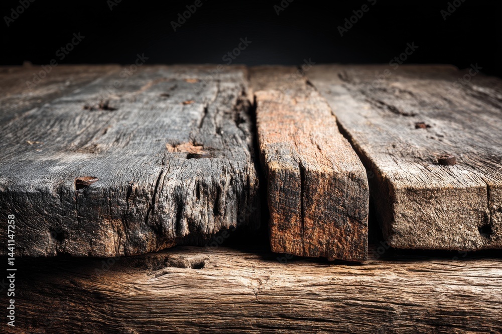 Poster close up view of rustic and weathered wooden planks, ideal for backgrounds or textures, showing age 