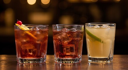 Three cocktail glasses filled with ice and garnished on a reflective bar surface at a bar setting