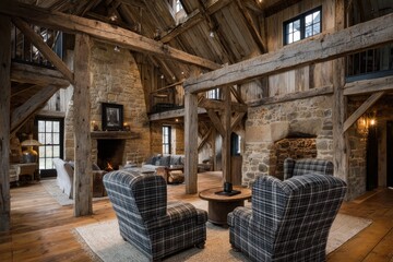 Fototapeta premium An inviting view of a rustic living room with stone fireplace, wooden beams and wood floor, providing a warm and cozy atmosphere, with comfortable seating arrangement.