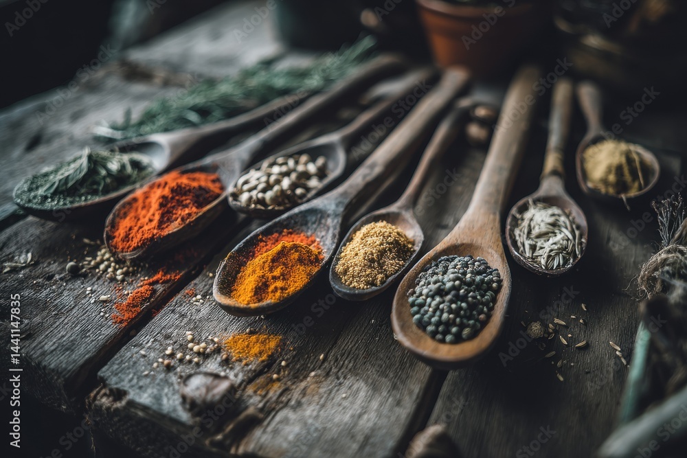 Poster a vibrant assortment of various colorful spices presented in rustic wooden spoons, arranged on a wea