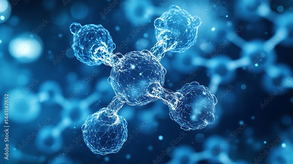 Poster close-up of a blue molecular structure with blurred bokeh background
