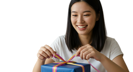 Smiling woman with a gift, her hands untying a colorful ribbon on a blue box.