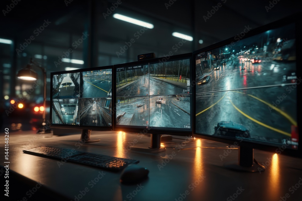 Poster a multi-screen setup displaying real-time traffic surveillance footage during rainy weather, with ke