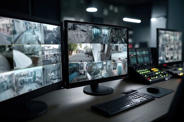 A close-up view of a security control room setup with multiple monitors displaying real-time video surveillance feeds, control panel and keyboard, monitoring urban landscapes and building interiors.
