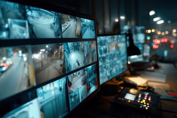 A security control room showing multiple surveillance monitors displaying live footage, ensuring safety and security in a modern urban environment, with lights blurred.