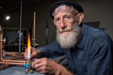 An elderly man with a white beard is soldering copper pipes using a small gas torch, showcasing his craftsmanship and skilled labor in a workshop setting, safely.