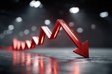 A striking red arrow pointing downwards against a blurred background, symbolizing financial decline and economic recession with its sharp directional form. The arrow indicates crisis.