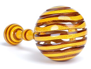 Handcrafted wooden baby rattle; yellow and brown stripes, spherical design