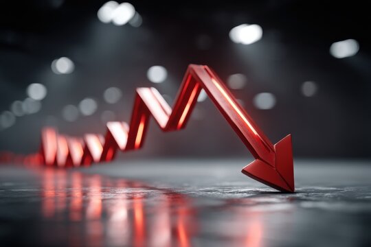 A striking red arrow pointing downwards against a blurred background, symbolizing financial decline and economic recession with its sharp directional form. The arrow indicates crisis.