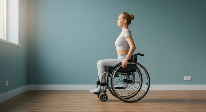 Woman in wheelchair practicing yoga mindfulness meditation at home for mental health and wellness