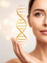 Woman holding a DNA strand illustration, symbolizing genetics and innovation.
