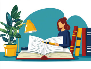 flat design illustration of a creative writing concept, clean shapes, warm colors, pen, paper, book