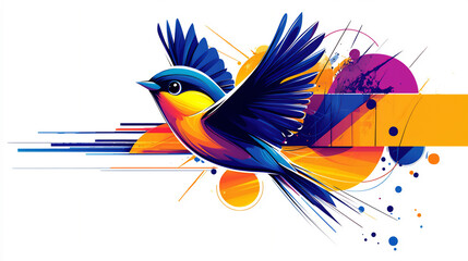 Obraz premium flat illustration of a playful cartoon bird flying, simple shapes, cheerful colors, animal, avian