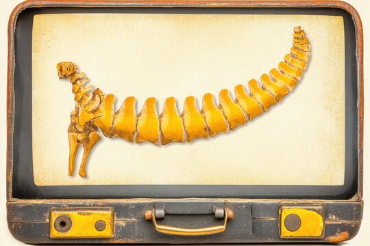 Vintage suitcase displaying spine model.  A detailed spine model displayed inside a vintage suitcase.  The spine is depicted in a 3D-style, and is rendered in a light yellowish color