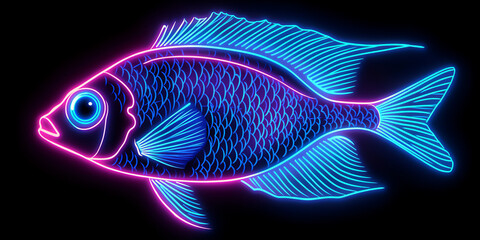 Naklejka premium neon outline of a tropical fish, bright turquoise on a black background, vibrant and marine