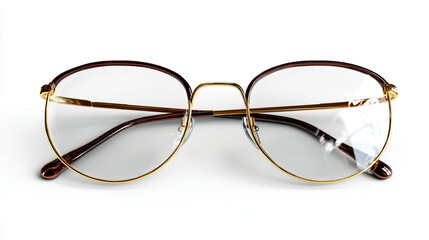 Classic glasses with gold frames and thin, brown earpieces sitting on white.