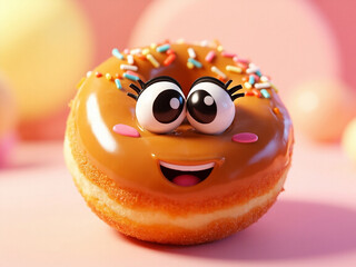 Cartoon donut mascot with smiling face and caramel sprinkles. cheerful cartoon illustration of a donut mascot with a big smiling face, lively eyes for kids food, bakery promotions, dessert packaging
