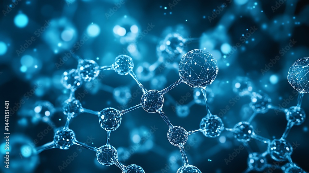 Poster close-up of a blue molecular structure with blurred bokeh background