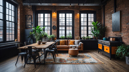 Fototapeta premium open plan industrial living room and kitchen with exposed brick wall wide window apartment view wooden furniture contemporary space premium stock photo interior design decoration