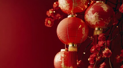 Create a vibrant copy space background for Chinese New Year, featuring traditional elements like red lanterns, gold accents, and subtle dragon motifs, set against a rich red backdrop