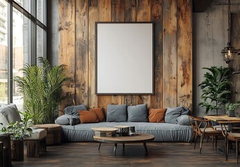 Cozy Living Room Mockup with Wooden Accent Wall, Large Windows, Light Gray Sofa, Plants, and Blank Frame for Artwork

