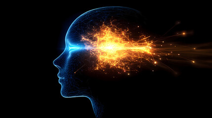 Obraz premium Advanced technology visual, side view of a humanoid head, eyes in blue and yellow, glowing neon neural connections. Neural Reactor. Illustration