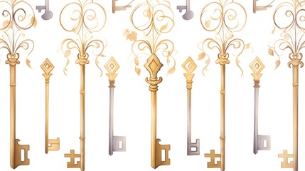Intricate Seamless Vintage Golden Keys Pattern on White Background for Elegance and Sophistication