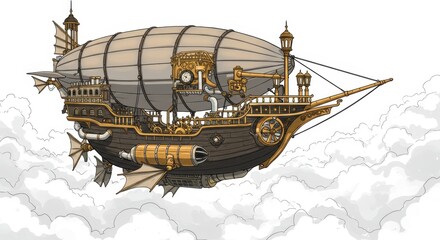 Naklejka premium Steampunk Airship Above Clouds