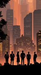 Silhouettes of business people standing together against a backdrop of a modern city skyline, representing teamwork and innovation in a contemporary business environment.