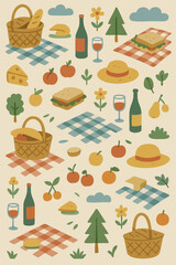 A delightful pattern featuring picnic items arranged on a checkered tablecloth