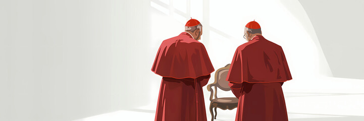 Two Catholic Cardinals Standing In Sunlit Room With Wooden Chair And Cushioned Backrest For Religious-Themed Interior Imagery