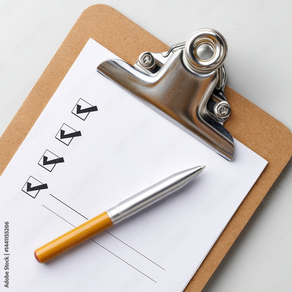 Poster patient data privacy concept. a clipboard with a checklist and a pen placed on top, ready for note-t