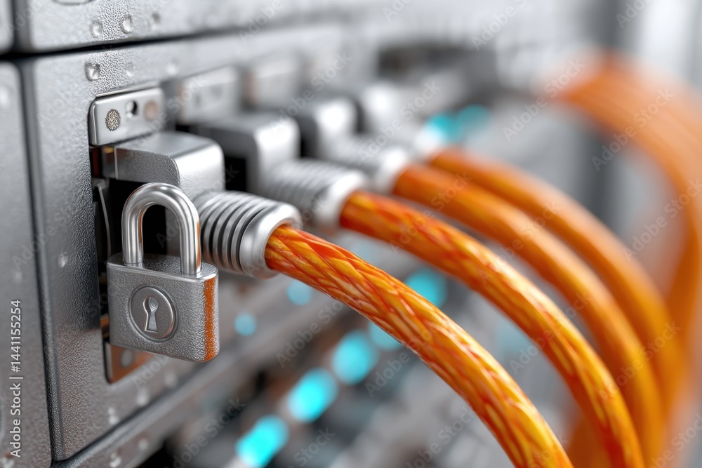 Poster patient data privacy concept. a close-up of network cables secured with a padlock, symbolizing data 