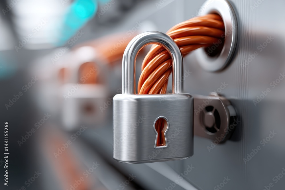 Poster patient data privacy concept. a padlock secures orange cables, symbolizing data protection and netwo