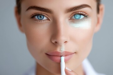Patient Data Privacy concept. A woman with flawless skin applies cosmetic product to her face, highlighting her lips and under-eye area, with a digital effect overlay.