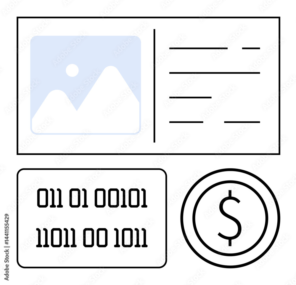 Aufkleber abstract composition of binary code, a currency dollar symbol, and image and text placeholders. idea