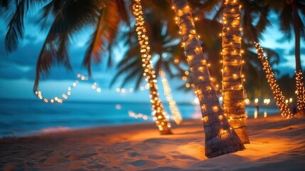 Beach Christmas background, tropical decorations, palm trees with lights, festive beach scene, [Christmas background], [beach holiday].