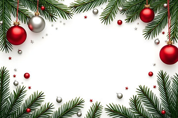 Christmas border with fir branches and ornaments on white background – festive holiday frame
