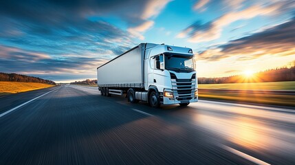A white semi-truck travels a highway at sunset.