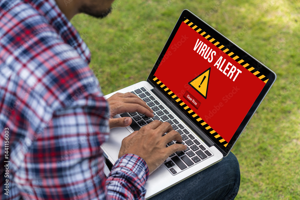 Poster virus warning alert on computer screen detected modish cyber threat , hacker, computer virus and mal
