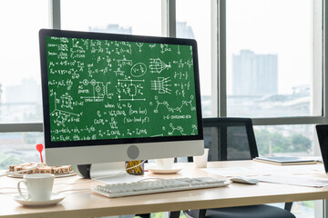 Mathematic equations and modish formula on computer screen showing concept of science and education