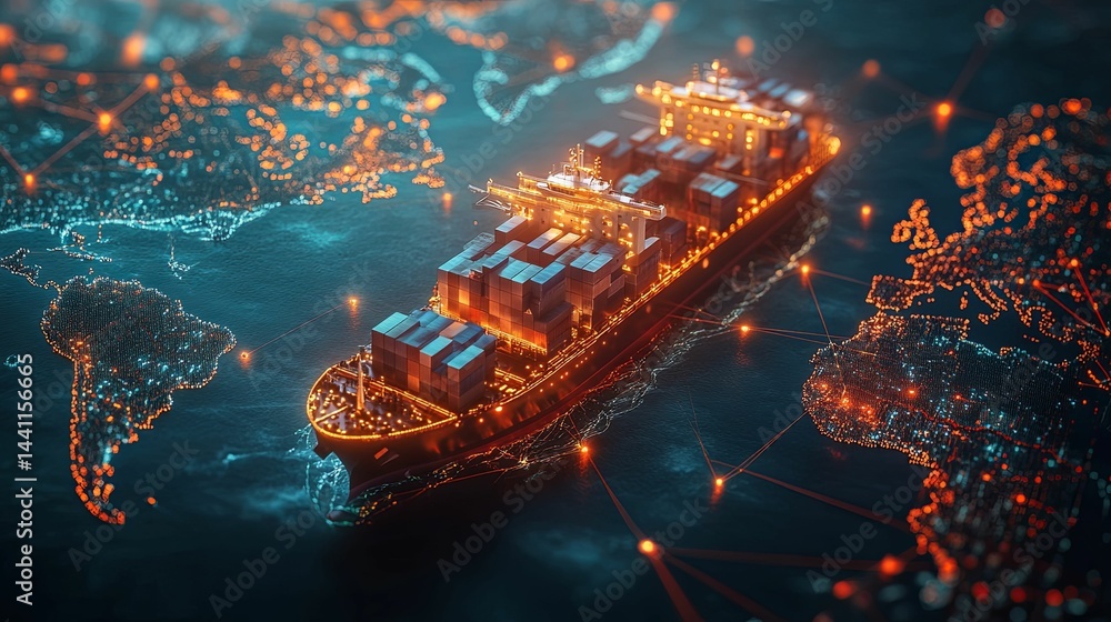 Poster global cargo ship traversing an interconnected network.