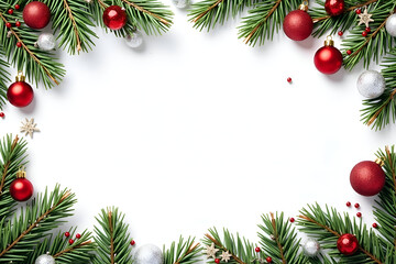 Christmas border with fir branches and ornaments on white background – festive holiday frame
