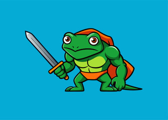 Obraz premium Warrior Frog Illustration: A determined frog warrior stands defiantly, gripping a gleaming sword against a vibrant backdrop. Its strength is evident, showcasing the intersection of might and courage.