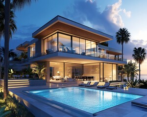 Fototapeta premium Modern Coastal Villa with Infinity Pool at Dusk