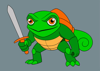 Fototapeta premium Animated Warrior Turtle: A determined cartoon turtle warrior stands ready, brandishing a sword with a determined expression. The illustration features vibrant colors and bold outlines.