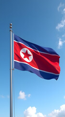 Dramatic HD North Korea flag in motion, its red star emblem vivid against blue stripes. For editorial/educational use.