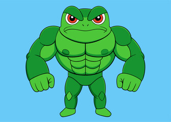 Fototapeta premium Strong Green Frog: An eye-catching illustration of a muscular green frog, exuding confidence and power, against a subtle blue backdrop.
